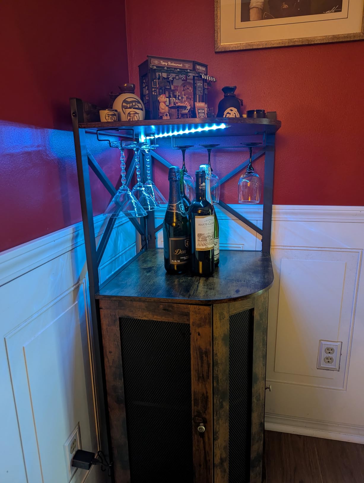 JKsmart Corner Bar Cabinet with LED Lights, Industrial Wine Cabinet with Glass Holder, 4-Tier Wine Cabinet with Door and Shelf, Farmhouse Home Bar for Liquor Wine Coffee Storage, Rustic Brown customer photo 2