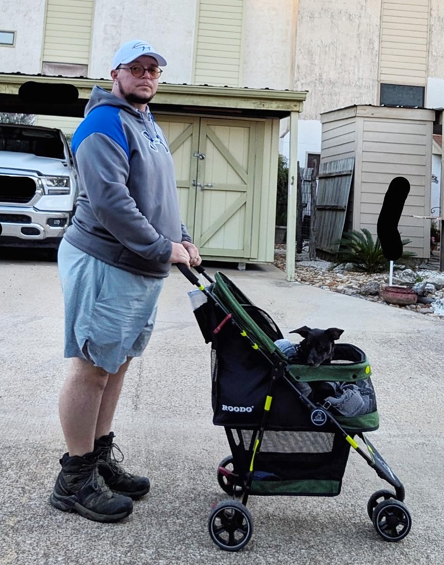 ROODO 3 Wheel Pet Stroller Best Lightweight Foldable Compact Portable Jogger All Terrain Travel Pet Gear Puppy Kitty Stroller for up to 30lbs Medium Small Dogs and Cats(Green) customer photo 2