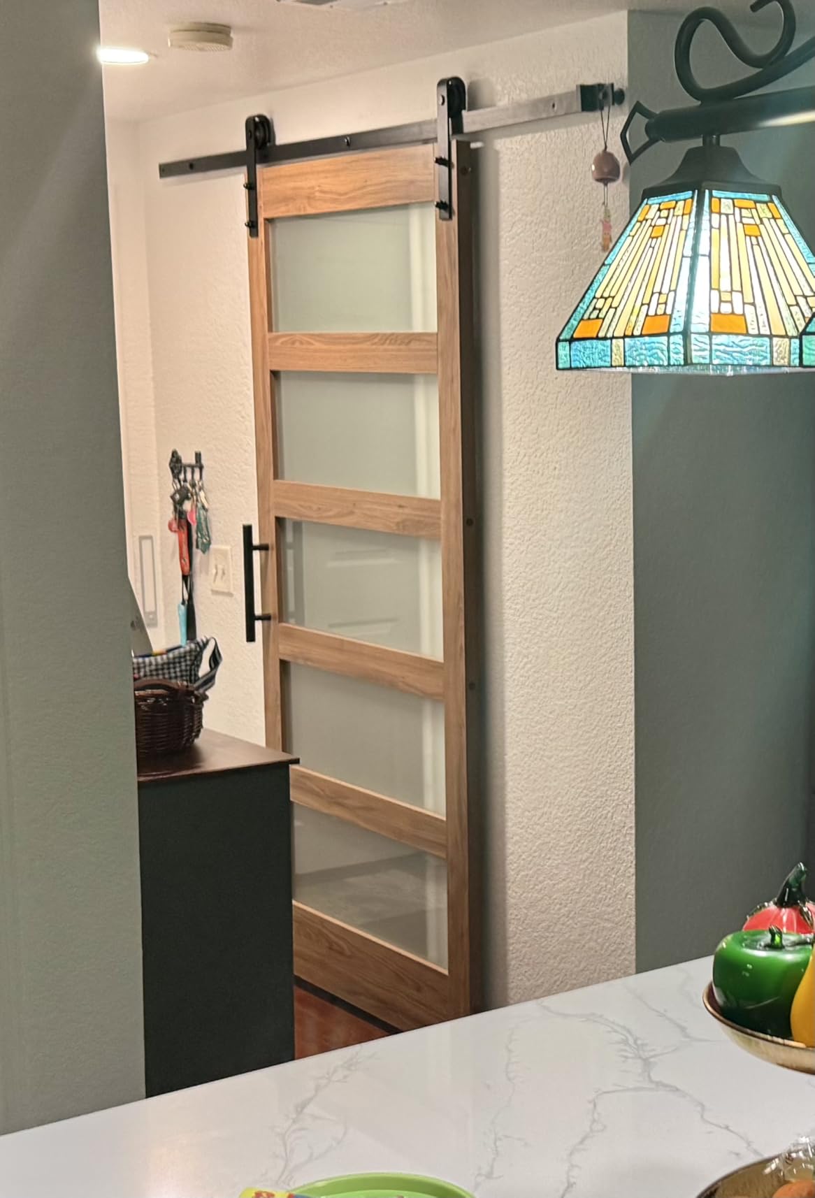 FREDBECK 36 x 84 inch Glass Barn Door with 6.6FT Track Kit, Interior Doors, Fit for 32in-34in Opening Handle Included, 5-Panel Frosted Glass, Water-Proof Surface, Pre-Drilled Holes, Need Assembly customer photo 2