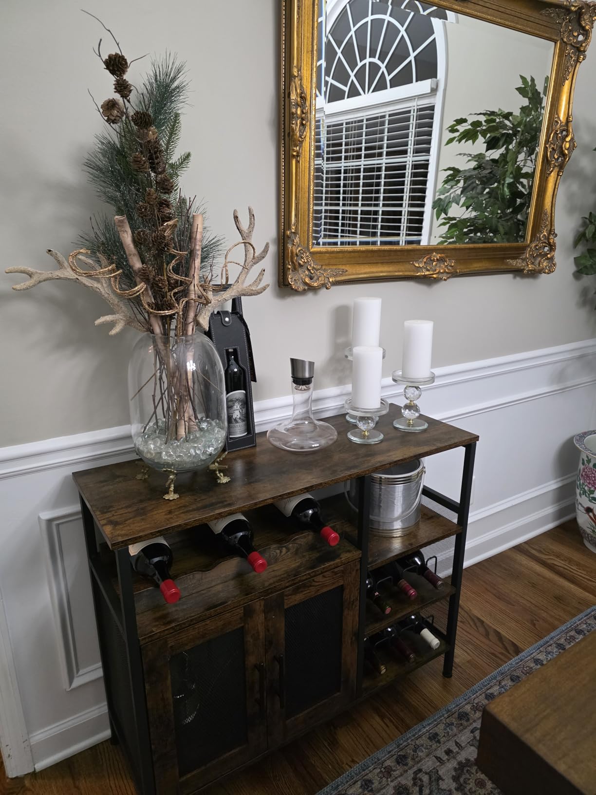 X-cosrack Wine Bar Rack Cabinet with Detachable Wine Rack, Coffee Bar Cabinet with Glass Holder, Small Sideboard and Buffet Cabinet with Mesh Door, Rustic Brown, Large customer photo 2