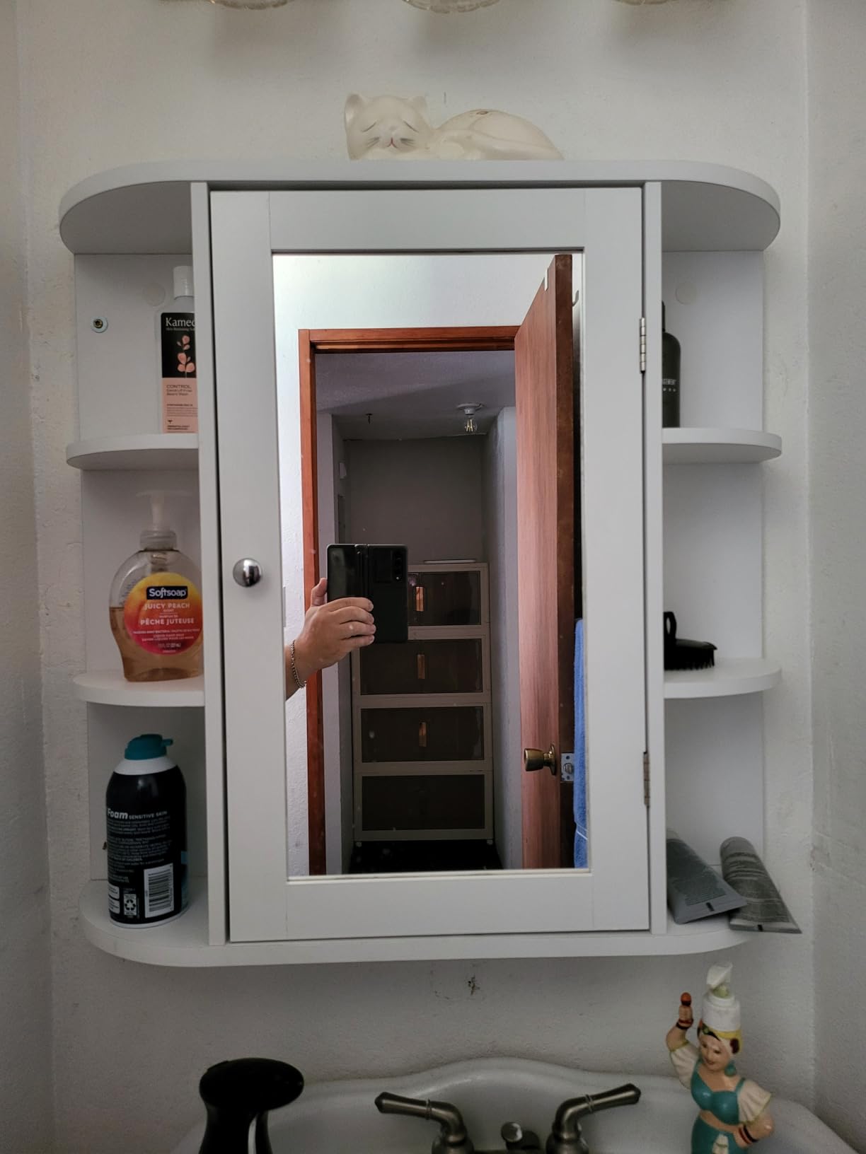 Iwell Bathroom Medicine Cabinet with Mirror, Bathroom Wall Cabinet with 2 Adjustable Shelves & 6 Open Shelves, Medicine Cabinet Organizer, Bathroom Cabinet Wall Mounted, White customer photo 1