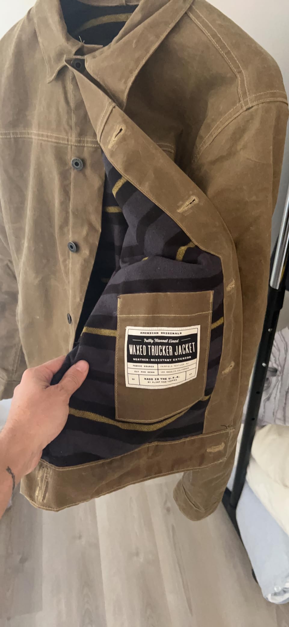 Huckberry Flint and Tinder Men's Flannel-Lined Waxed Trucker Jacket customer photo 2