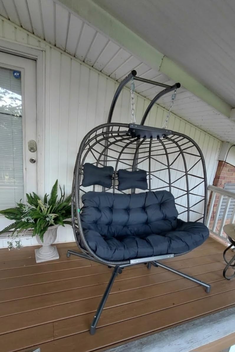 NICESOUL Double Swing Egg Chair with Stand, Extra Large 2 Person Indoor Outdoor Wicker Loveseat, Oversized Patio Hanging Basket Chair with Cushions, Cozy Sturdy Porch Swing for Backyard Balcony, Beige customer photo 1