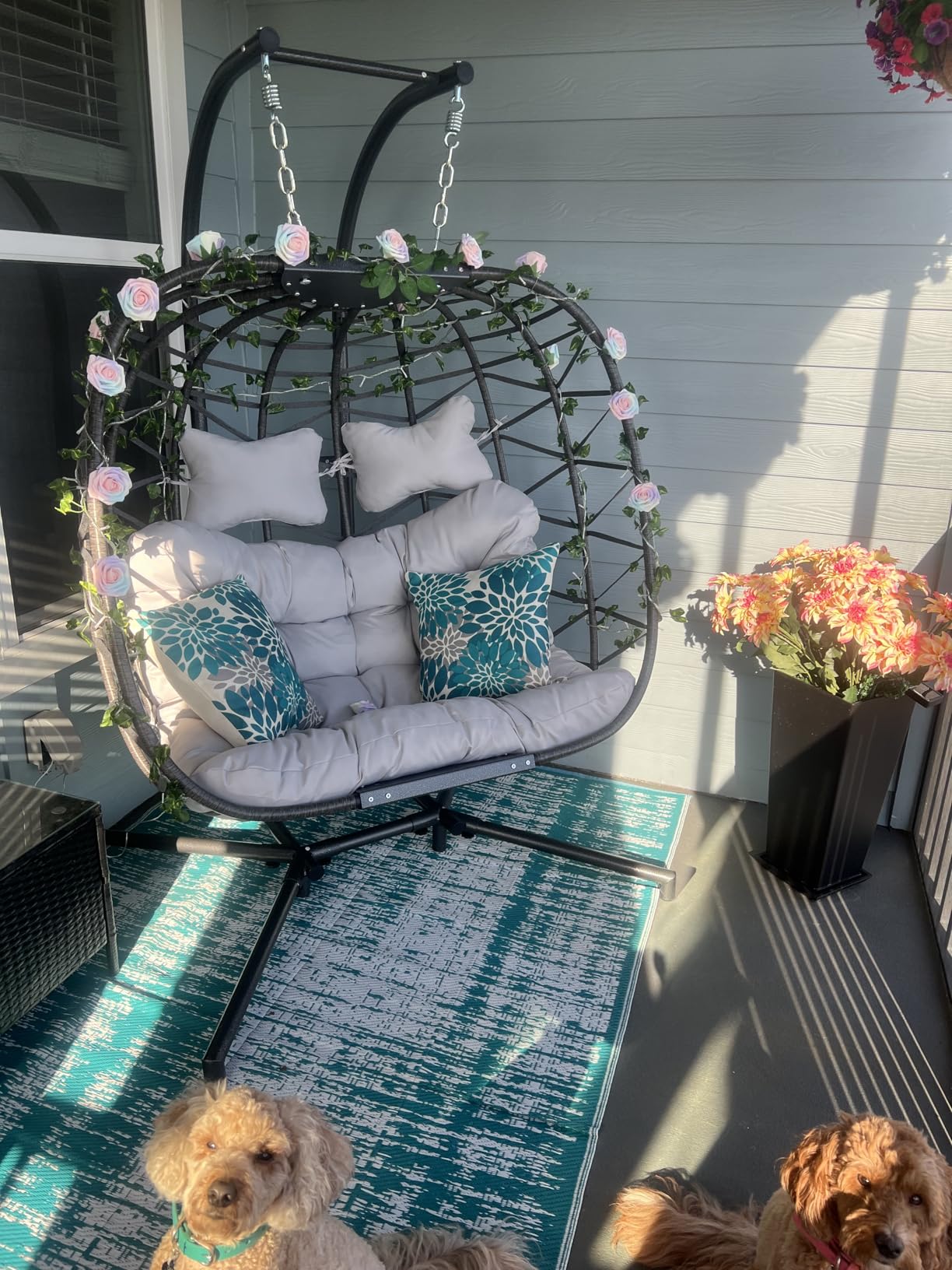 NICESOUL Double Swing Egg Chair with Stand, Extra Large 2 Person Indoor Outdoor Wicker Loveseat, Oversized Patio Hanging Basket Chair with Cushions, Cozy Sturdy Porch Swing for Backyard Balcony, Beige customer photo 2
