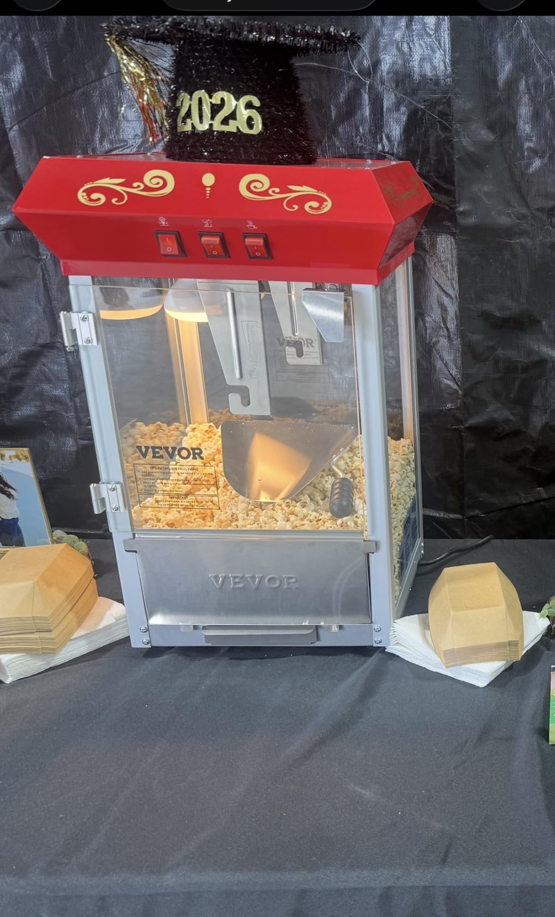 VEVOR Commercial Popcorn Machine, 8 Oz Kettle, 850 W Countertop Popcorn Maker for 48 Cups per Batch, Theater Style Popper with 3-Switch Control Steel Frame Tempered Glass Doors 2 Scoops 2 Spoons, Red customer photo 2