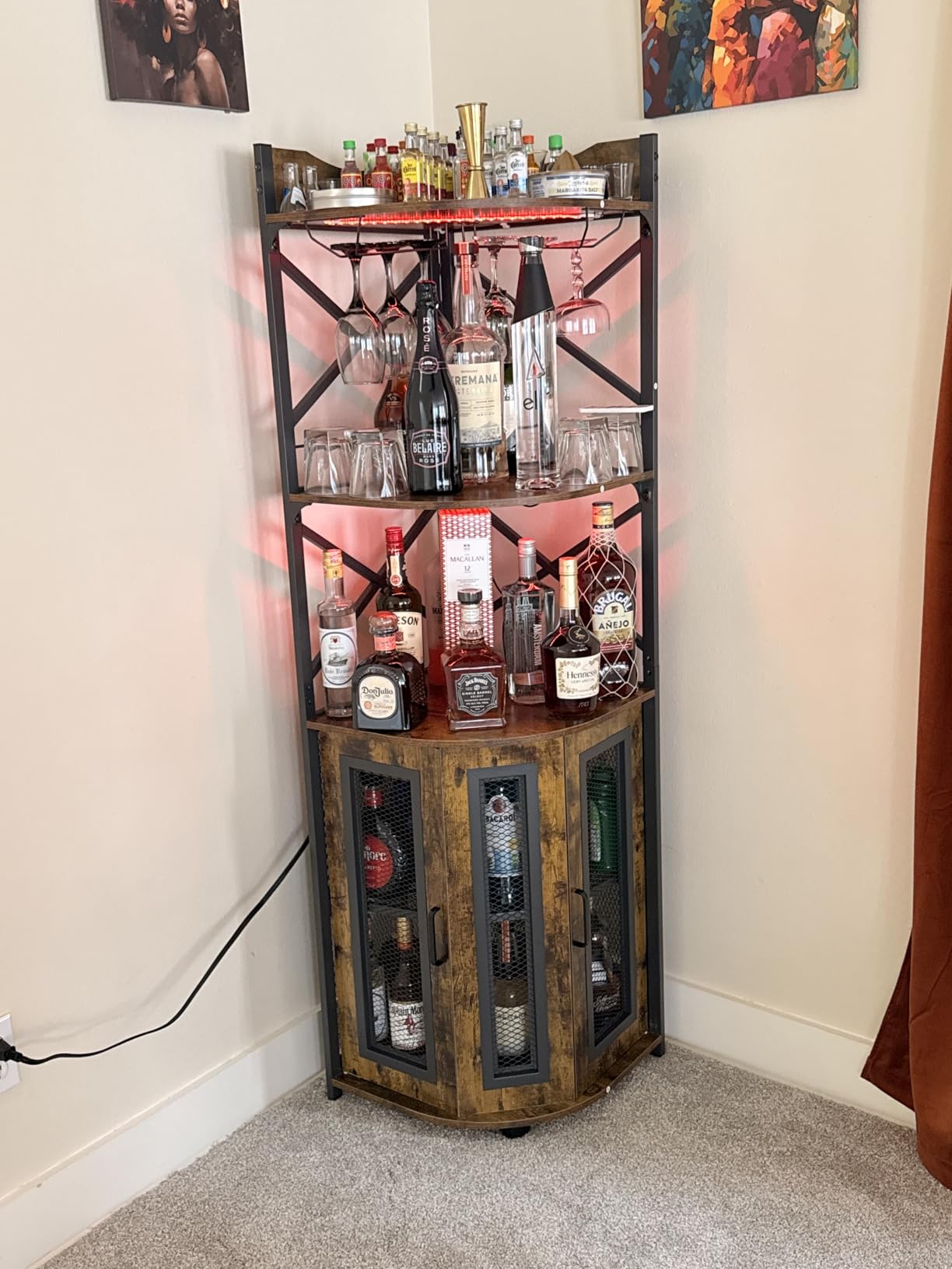Aheaplus Corner Bar Cabinet with Power Outlet, Industrial Liquor Cabinet | 5-Tiers Wine Cabinet Mini Bar with LED Strip and Glass Holder for Home, Corner Display Cabinet for Small Space, Rustic Brown customer photo 2