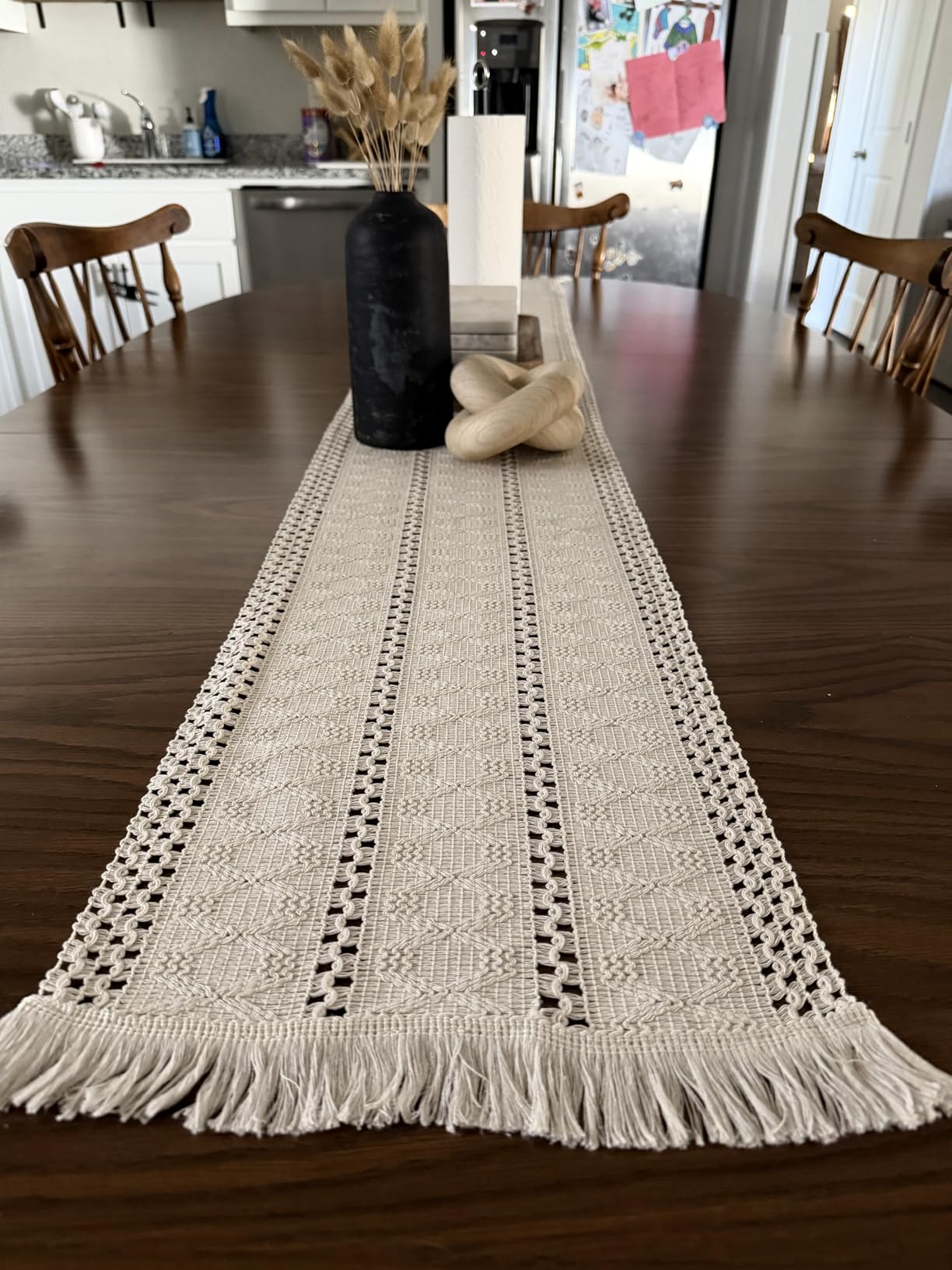 Macrame Table Runner Cream Beige Boho Table Runners with Tassels 12x71in | Alynsehom Hand Woven Cotton Table Runner Rustic Farmhouse Table Runners for Bohemian Kitchen Dining Table customer photo 2