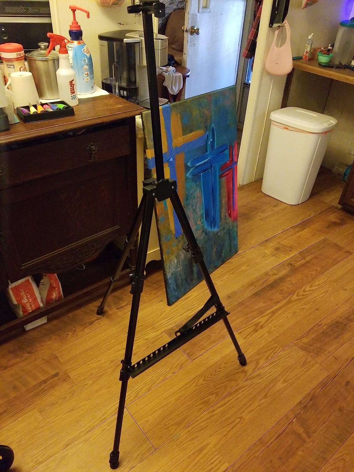 Art Painting Display Easel Stand - Portable Adjustable Floor Artist Easel | Aluminum Metal Tripod Black Stand with Bag, Height from 17