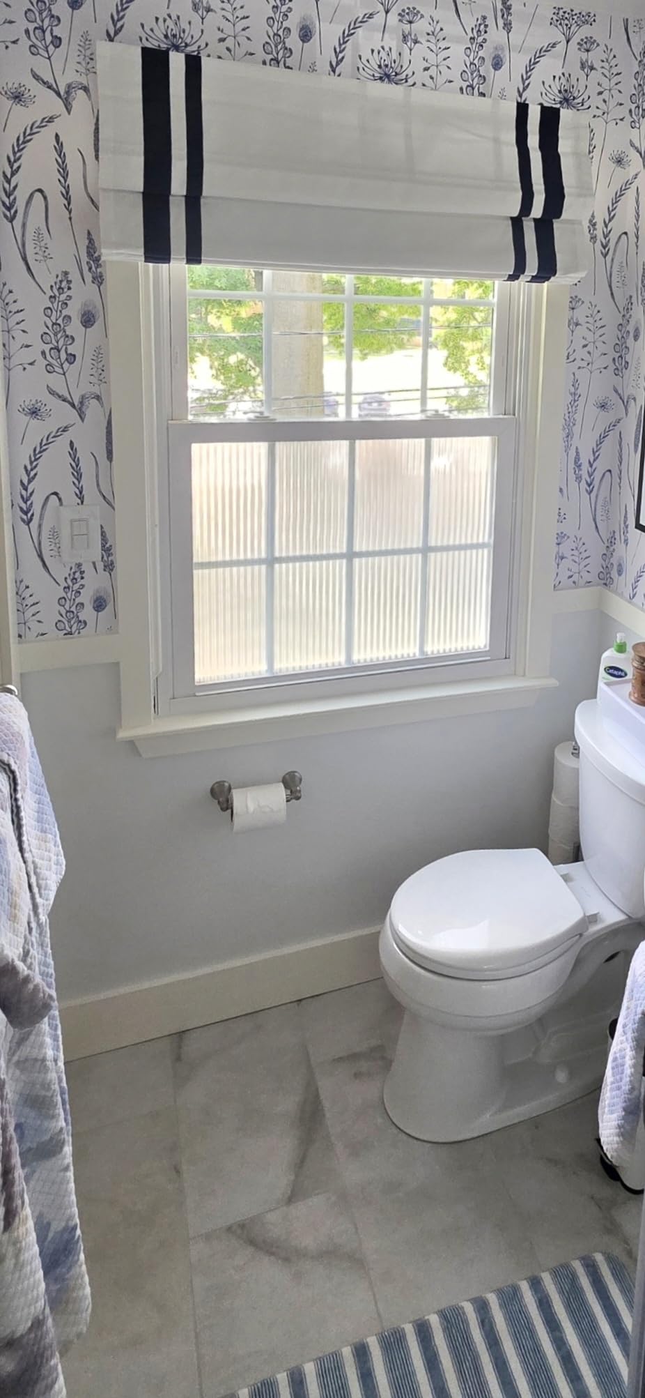 Cordless Roman Shades with Border, Blackout White Blue Border Roman Window Shades, Washable Custom Fabric Roman Shades for Windows, Doors, Kids Room customer photo 1