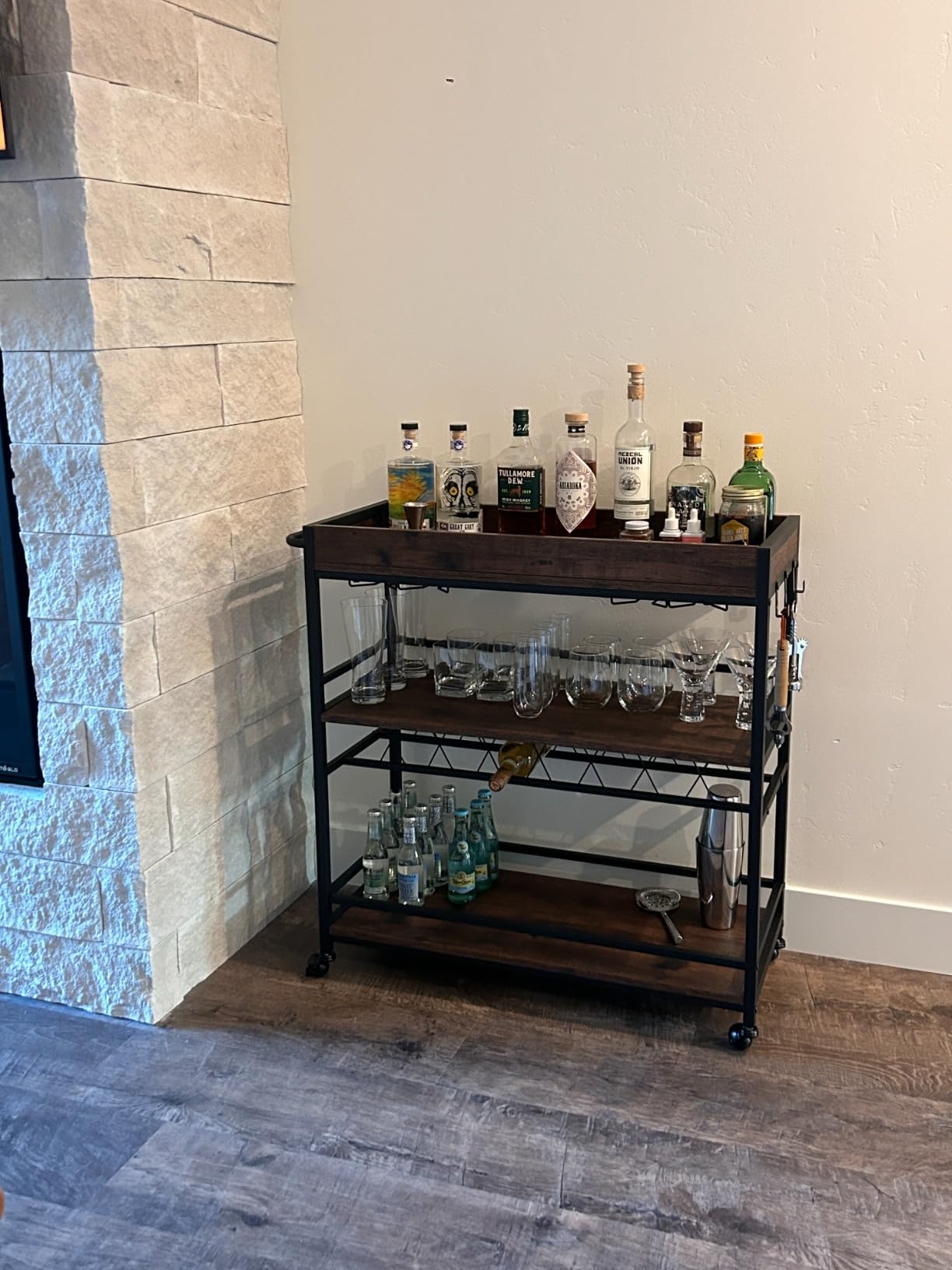 BON AUGURE Bar Cart for The Home, Rolling Home Bar Serving Cart on Wheels, 3 Tier Liquor Beverage Carts with Wine Rack and Glass Holder (Rustic Oak) customer photo 2