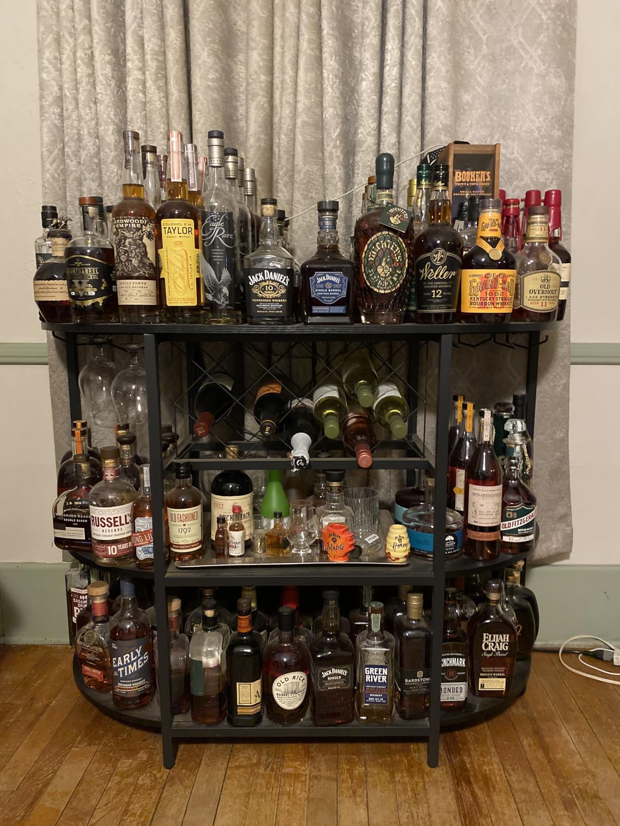 Zarler Bar Cart with Power Outlet Easy to Assemble, LED Home Bar Cabinet for Liquor, 47.3
