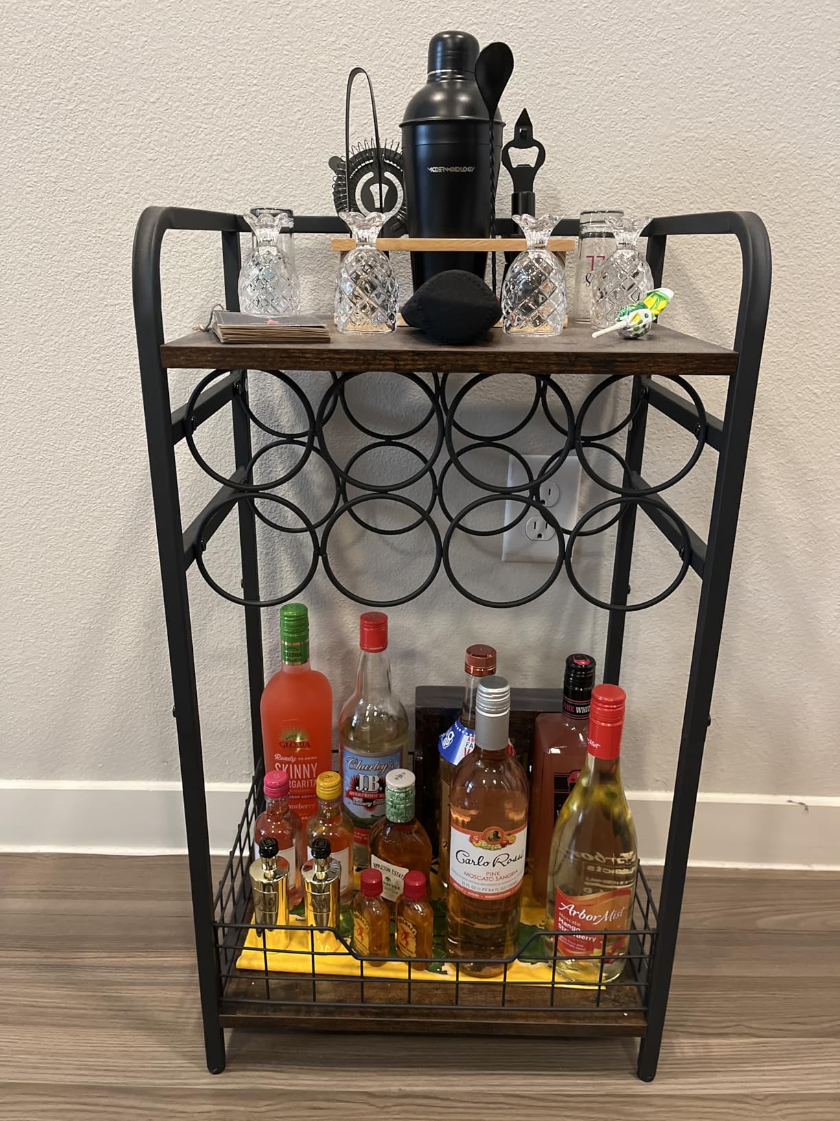 3-Tier Wine Rack Freestanding Floor Cabinet Corner Bar Cabinet Bar Cart, 12 Individual Wine Storage Bottle Compartments Corner Bar Cabinet Holder, Wood + Black Frame Liquor Cabinet customer photo 1