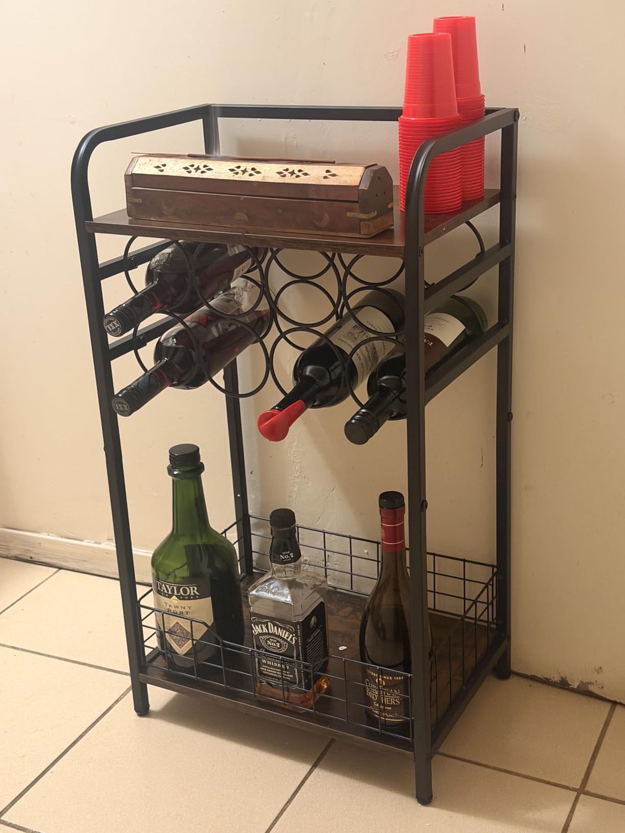 3-Tier Wine Rack Freestanding Floor Cabinet Corner Bar Cabinet Bar Cart, 12 Individual Wine Storage Bottle Compartments Corner Bar Cabinet Holder, Wood + Black Frame Liquor Cabinet customer photo 2