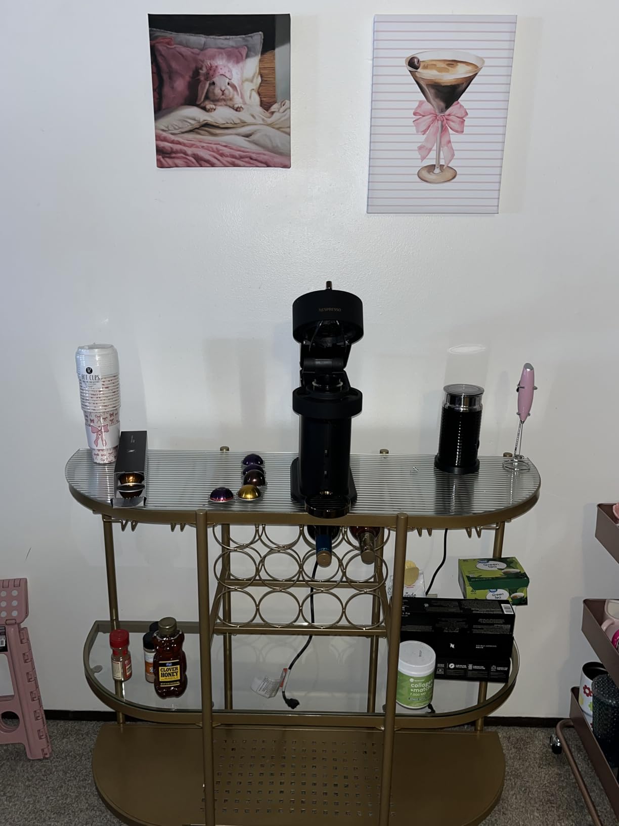 O&K FURNITURE Home Bar Table with Wine Racks, 3 Tier Wine Bar Table with Glass Holders, Wine Cabinet with Open Shelf, Liquor Bar Coffee Bar Table for Living Room Kitchen, Gold customer photo 2