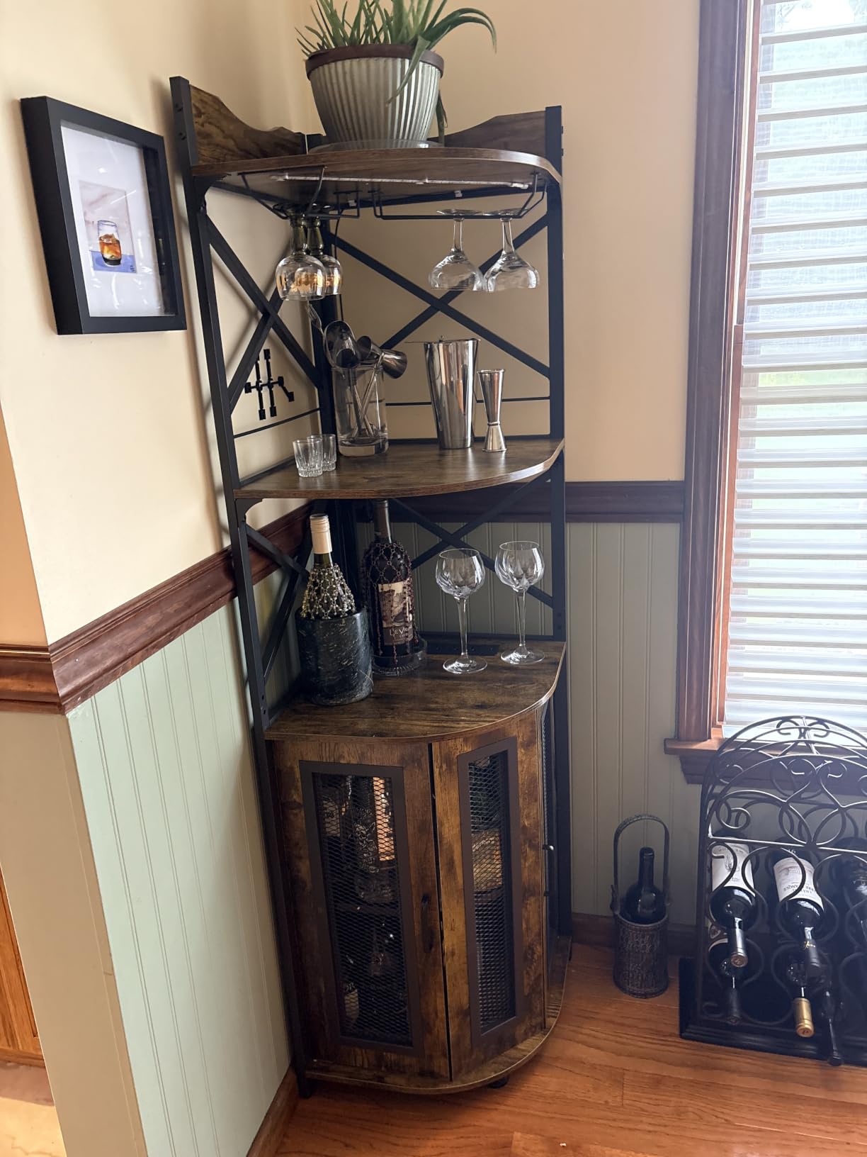 Aheaplus Corner Bar Cabinet with Power Outlet, Industrial Liquor Cabinet | 5-Tiers Wine Cabinet Mini Bar Unit with LED Strip and Glass Holder for Home, Corner Display Cabinet for Small Space, Black customer photo 1