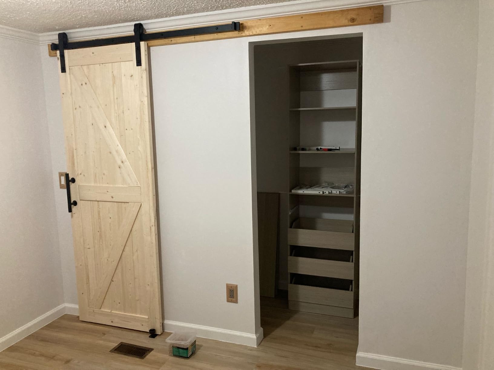 SMARTSTANDARD 36in x 84in Sliding Barn Door with 6.6ft Barn Door Hardware Kit Included, Unfinished Solid Spruce Wood Door, Assembly Required, DIY, Stainable, Natural customer photo 1