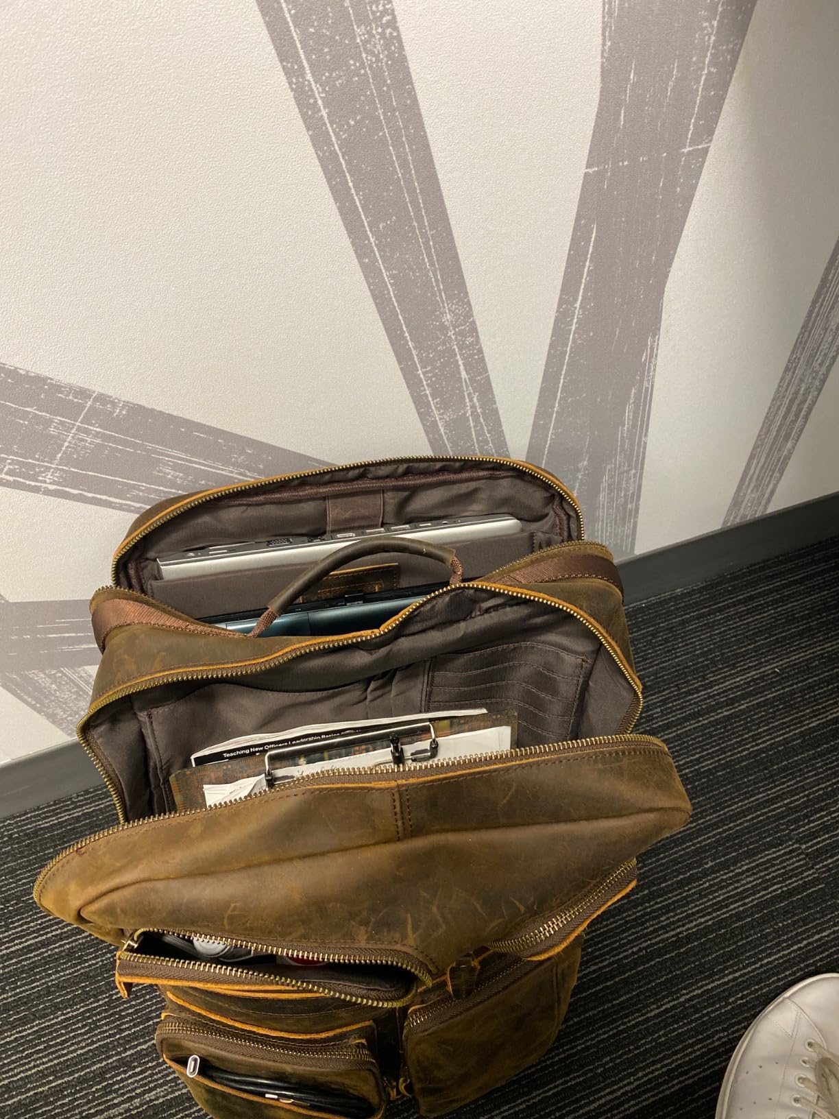TIDING Brown Full Grain Leather 17.3 Inch Laptop Travel Backpack for Men customer photo 2