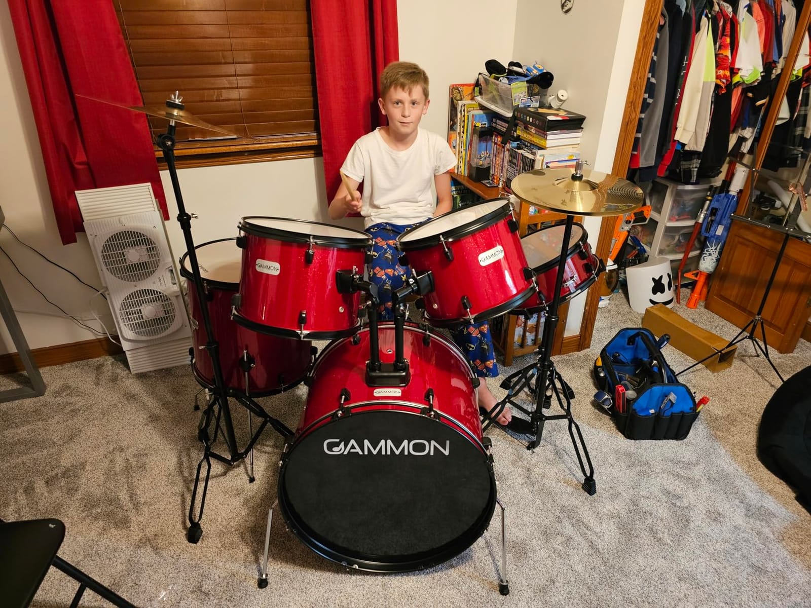 Gammon Percussion Full Size Complete Adult 5-Piece Drum Set with Cymbals, Stands, Stool, and Sticks - Red customer photo 1