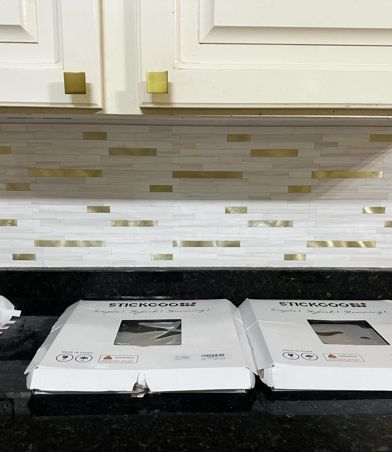STICKGOO 20 Sheets Peel and Stick Backsplash Tile, Stick on Backsplash for Kitchen and Bathroom, Sunny Beige Look PVC Mixed Metal Gold Self Adhesive Wall Tiles customer photo 1