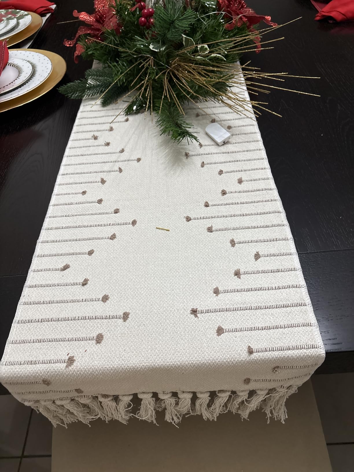 Caflife Taupe Beige Cotton Linen Rustic Boho Table Runner 13 x 90 Inch Long | Home Kitchen Dining Table Decor, for Modern Farmhouse Tassels Woven Neutral Decoration Coffee and Dresser Table Runner customer photo 2