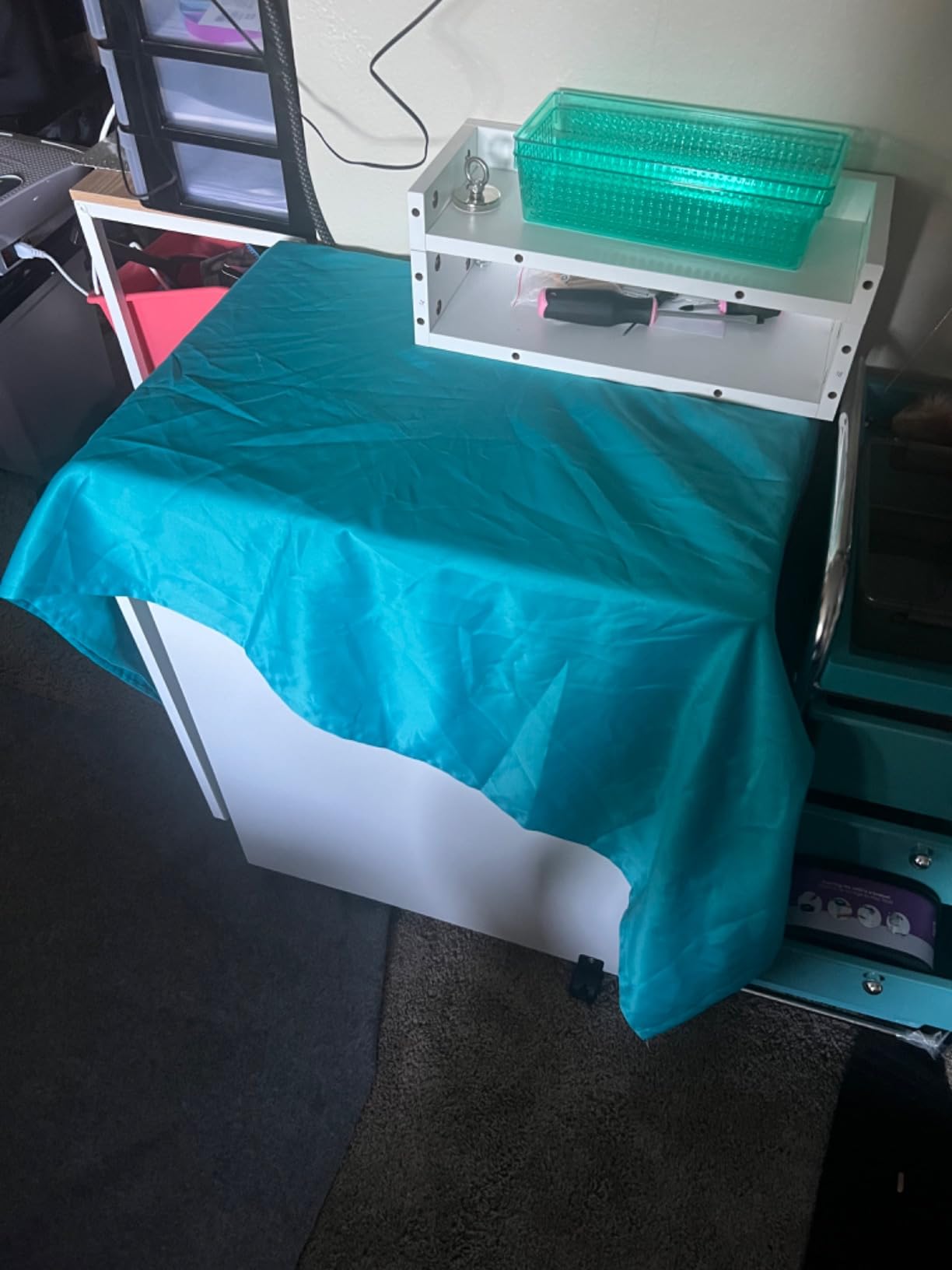 Folding Sewing Table, Multipurpose Sewing Machine Table with Compact Design, Wheels, Shelves, Bins, Pegs, Magnetic Locks (White) customer photo 2
