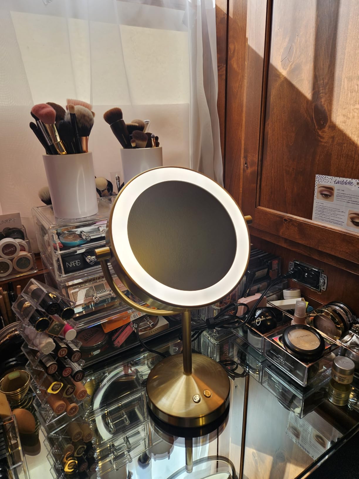Conair LED Vanity Mirror, Double-Sided, 10x Magnification, Satin Nickel | Lighted makeup mirror with 3 color modes, 360° rotation, a satin nickel finish, a 5-foot power cord, and an 8.5