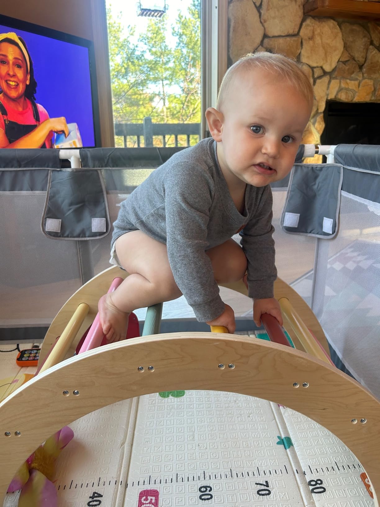 LOL-FUN Foldable Pikler Triangle Climbing Toy with Slide for Toddlers 1-3 | Sturdy solid wood construction supports up to 110 lbs, water-based paint, anti-slip rubber base designed safe for ages 1-3 customer photo 1