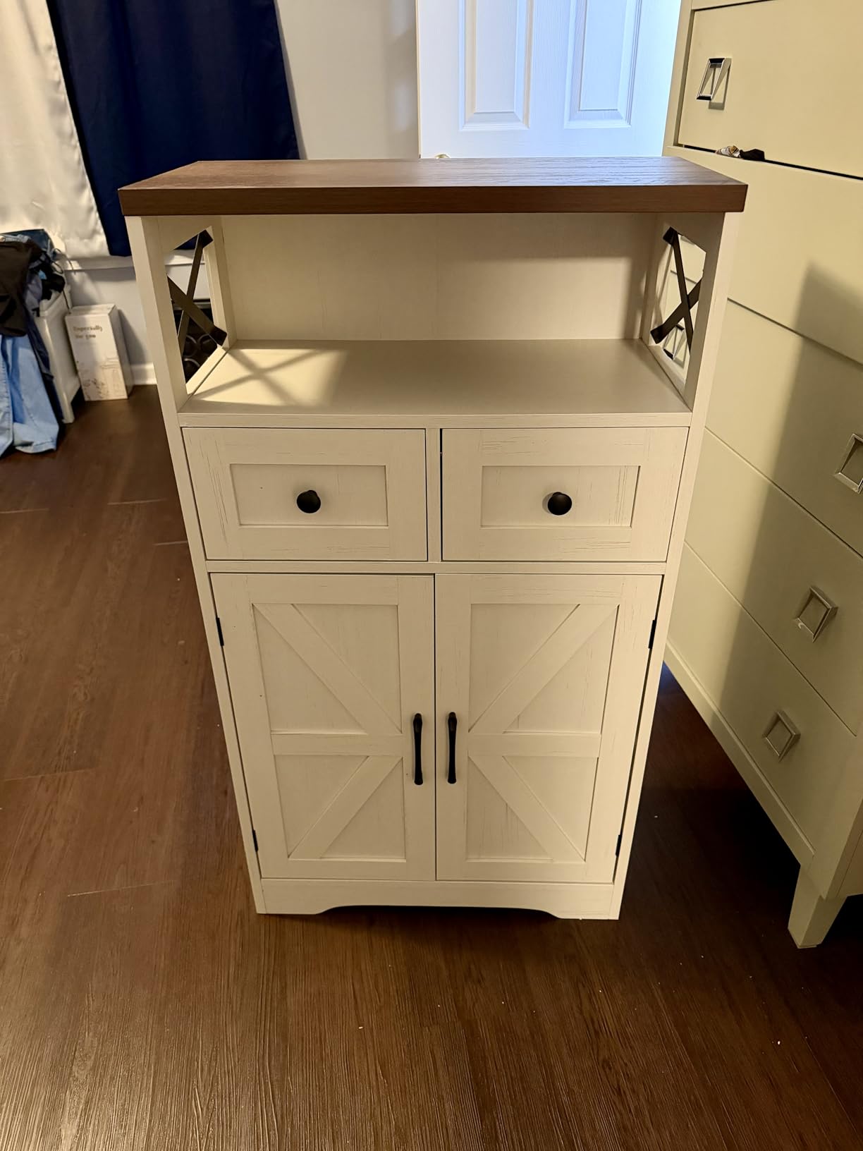 Farmhouse Storage Cabinet with Drawers, Small Kitchen Pantry Cabinet, White | Accent Coffee Bar Cabinet Cupboard, 2 Drawers, 2 Barn Doors & Adjustable Shelves, for Kitchen/Entryway/Living Room/Bathroom customer photo 2