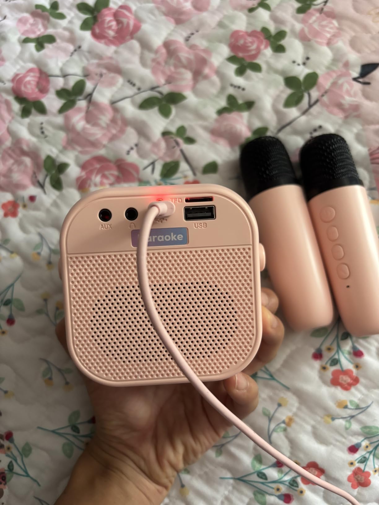 Mini Karaoke Machine,Portable Bluetooth Speaker with 2 Wireless Microphones | 360° Surround Sound,5 Voice Effects,Bluetooth 5.0,LED Lights, TF/USB/AUX, For Kids and Adults, Family Home Party and Gifts customer photo 1