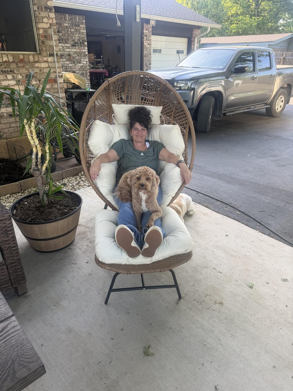 NICESOUL Wicker Egg Chair with Ottoman, Indoor Outdoor Egg Basket Lounge Chair w/Cushion, Oversized Egg Seat with Legs 440 Lbs, Comfy Cozy Boho Style Nest Chair w/Footrest for Patio, Balcony, Beige customer photo 2