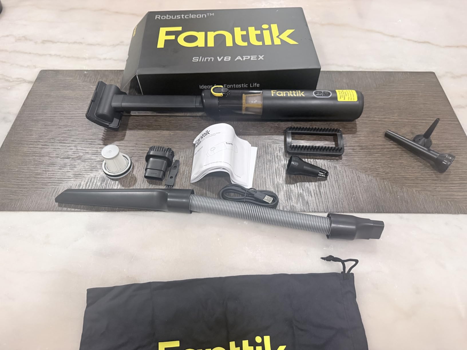 Fanttik Slim V8 APEX Cordless Car Vacuum & Air Duster, 4-in-1 Portable Mini Vacuum with 19000pa Suction Power for Pet Hair, Type-C Charge, One-Touch Empty for Car, Office Desk, Keyboards (Black) customer photo 1