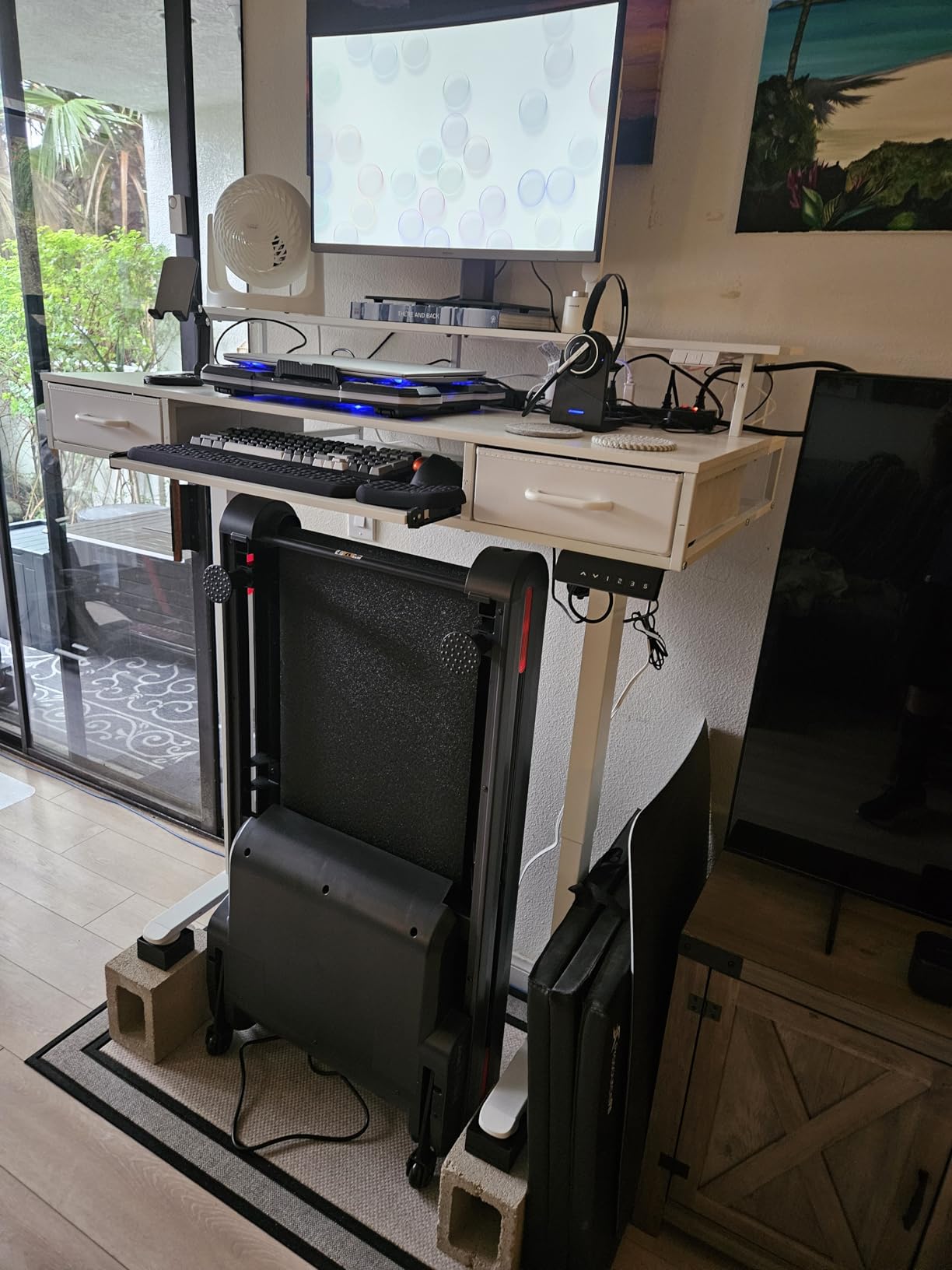 AODK 55 Inch Standing Desk with Drawers & Keyboard Tray, Rustic Brown | Power Outlet, LED Lights, Monitor Stand, Cable Management Tray, 3 Memory Heights, 29.9