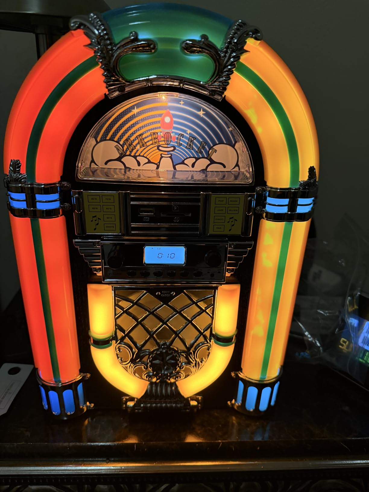 Arkrocket Athena Mini Jukebox/Tabletop CD Player/Bluetooth Speaker/Radio/USB and SD Card Player with Retro LED Lighting System (Black Golden) customer photo 1