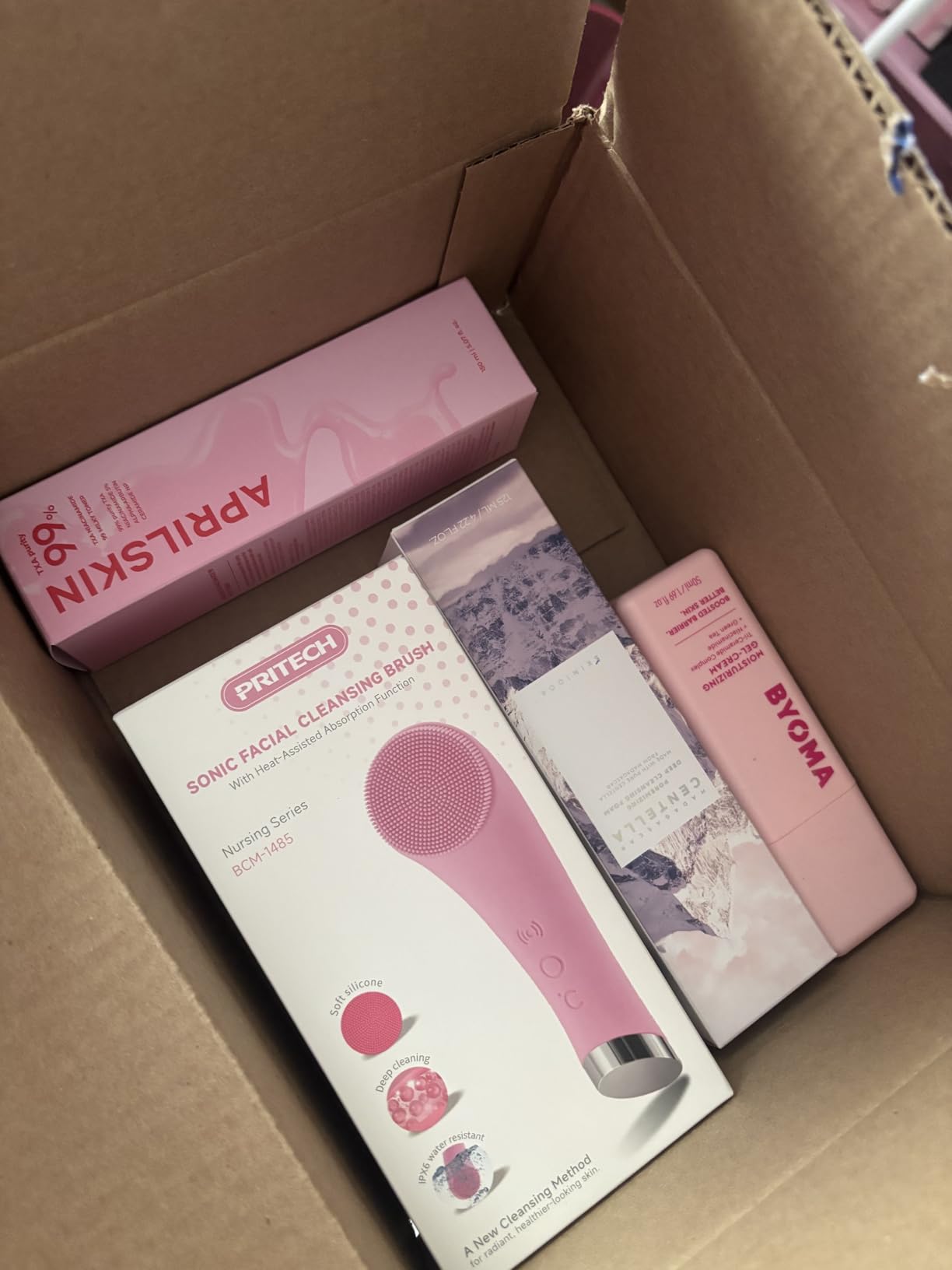 PRITECH Facial Cleansing Brush, Rechargeable Silicone Face Scrubber with Heat Massage End, Vibrating Exfoliator Scrubber for Deep Cleaning, Waterproof Face Brush (Pink) customer photo 1