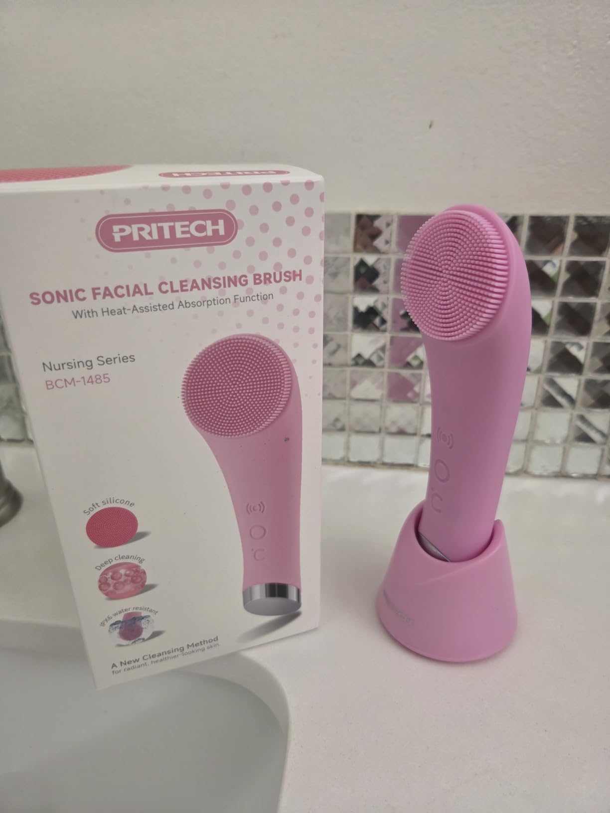 PRITECH Facial Cleansing Brush, Rechargeable Silicone Face Scrubber with Heat Massage End, Vibrating Exfoliator Scrubber for Deep Cleaning, Waterproof Face Brush (Pink) customer photo 2