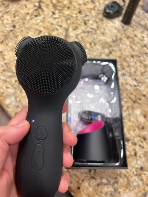 Silicone Face Scrubber Exfoliator Electric for Men Women, Rechargeable Facial Cleansing Brush with Wireless Charging Dock, Waterproof Sonic Vibrating Face Scrub Brush Cleanser for Exfoliating, Black customer photo 2