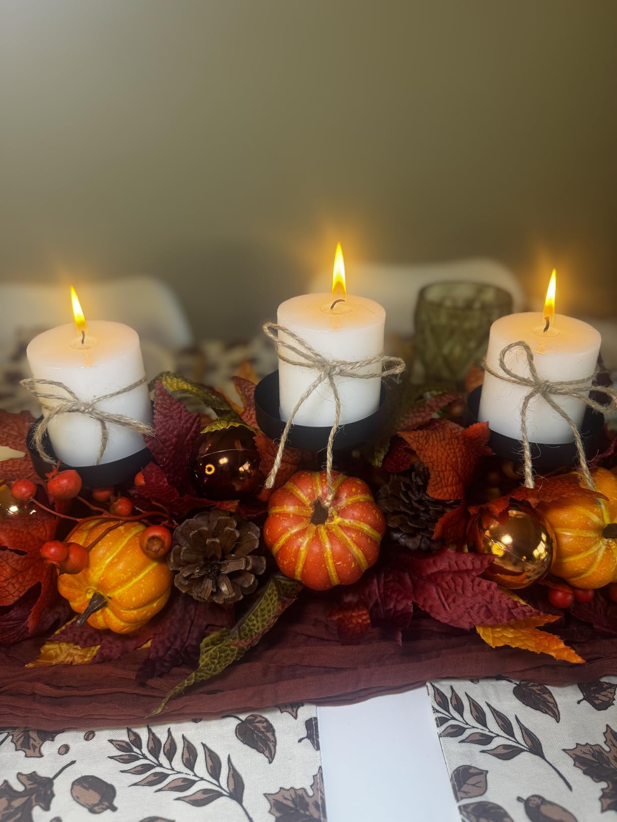 Fall Candle Holder Centerpiece with Maple Leaves, Pinecones, Berries & Burlap Bow, Thanksgiving Table Centerpiece Decoration for Dining Table, Mantel & Autumn Harvest Home Décor customer photo 1