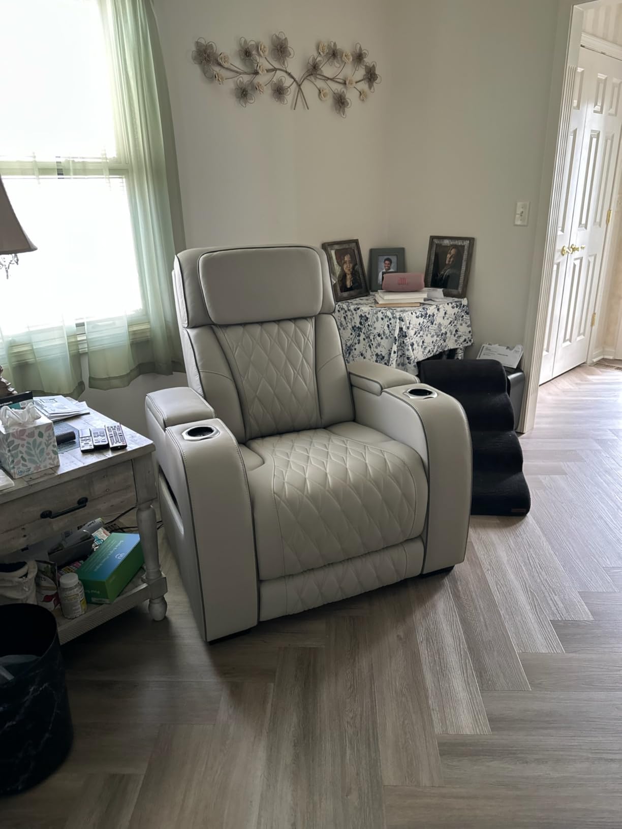 Signature Design by Ashley Boyington Zero Gravity Power Recliner, Gray | Leather match upholstery, Built-in air massage, Heated seat, Adjustable headrest, Dual cup holders, Home theater design customer photo 1