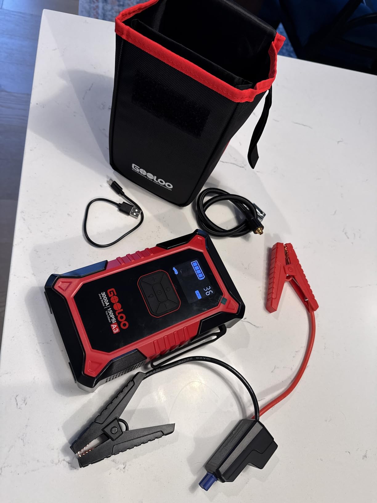 GOOLOO A3 12V 3000A Portable Jump Starter with Air Compressor | Supersafe Car Battery Booster Pack (9L Gas/6.5L Diesel) - BOOST for Dead Battery - 150 PSI Auto-Off Tire Inflator - LED Light customer photo 1