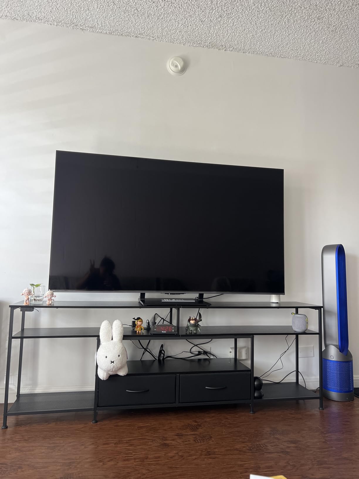 Huuger 63 Inch LED TV Stand for 65 70 Inch TV, Entertainment Center with Open Shelves and Power Outlets, TV Console for Living Room, Media Console with Drawers, Black customer photo 1