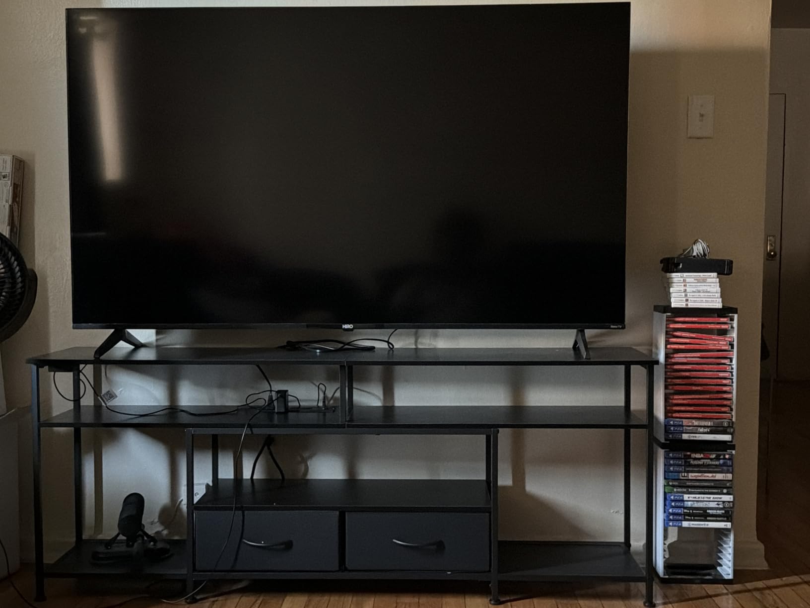Huuger 63 Inch LED TV Stand for 65 70 Inch TV, Entertainment Center with Open Shelves and Power Outlets, TV Console for Living Room, Media Console with Drawers, Black customer photo 2