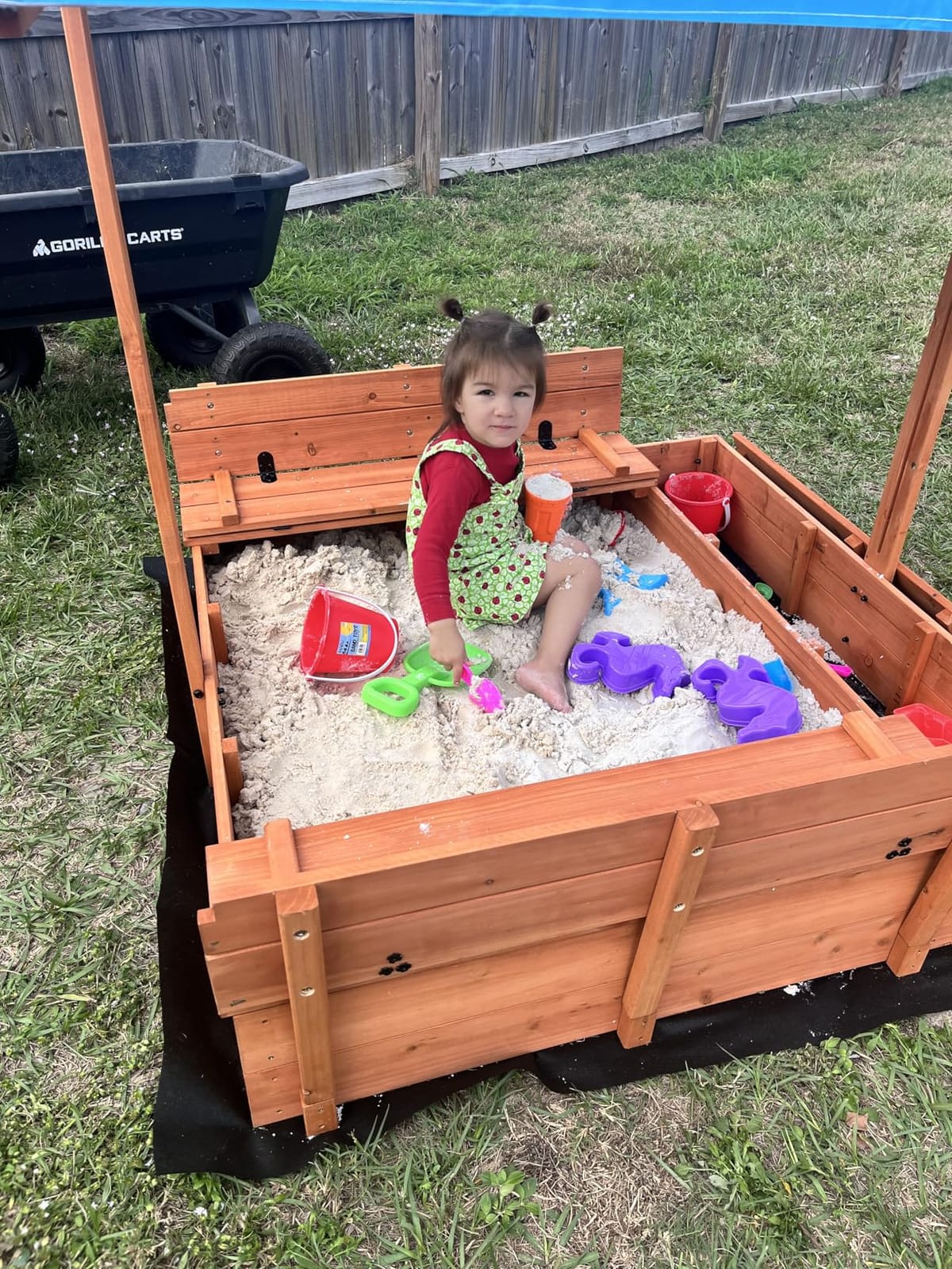 Kids Wooden Outdoor Sandbox with Cover, Sand Boxes with Canopy and Foldable Storage Bench Seats, Sand Table with Protection Bottom Liner, Kids Play Equipment for Outdoor (47X47Inch) customer photo 2