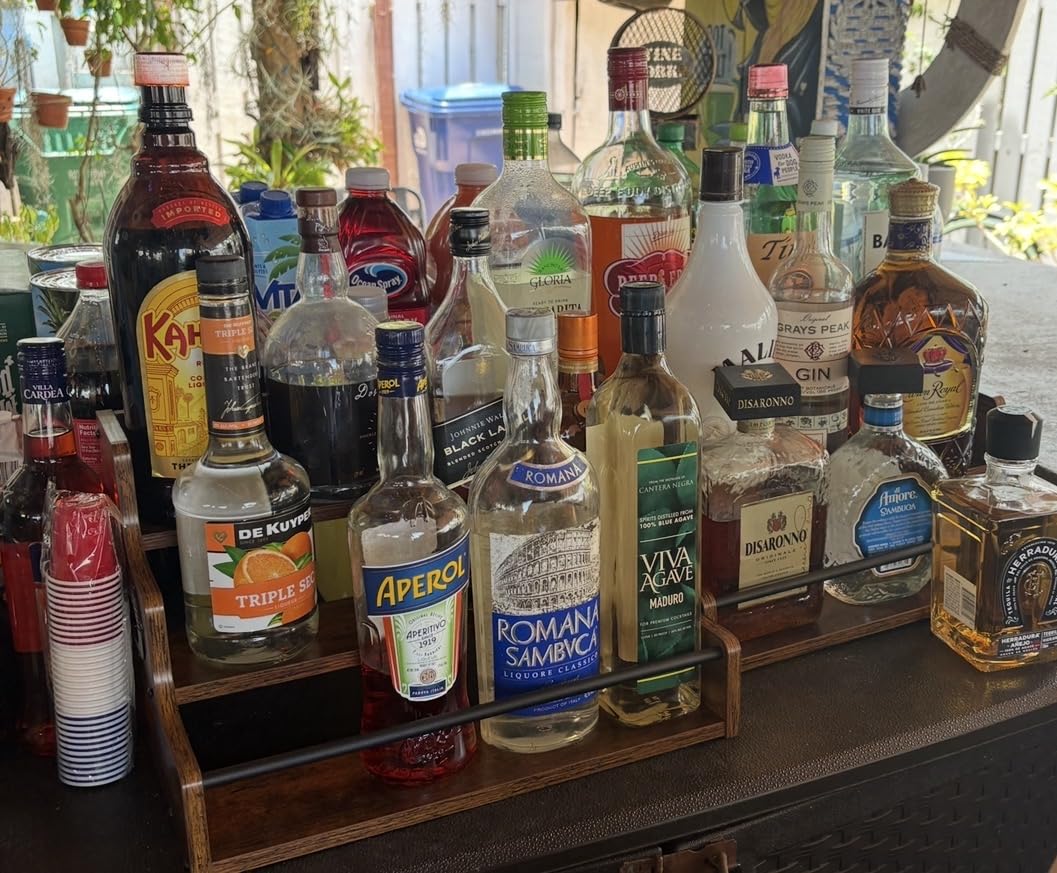 KLM Liquor Bottle Display Shelf, Coffee Syrup Rack Organizer, 3 Step Countertop Liquor Wine Rack, mini bar, liquor cabinet, Home Retro Bar Shelf Stand for Liquor Whiskey, Spirits customer photo 1