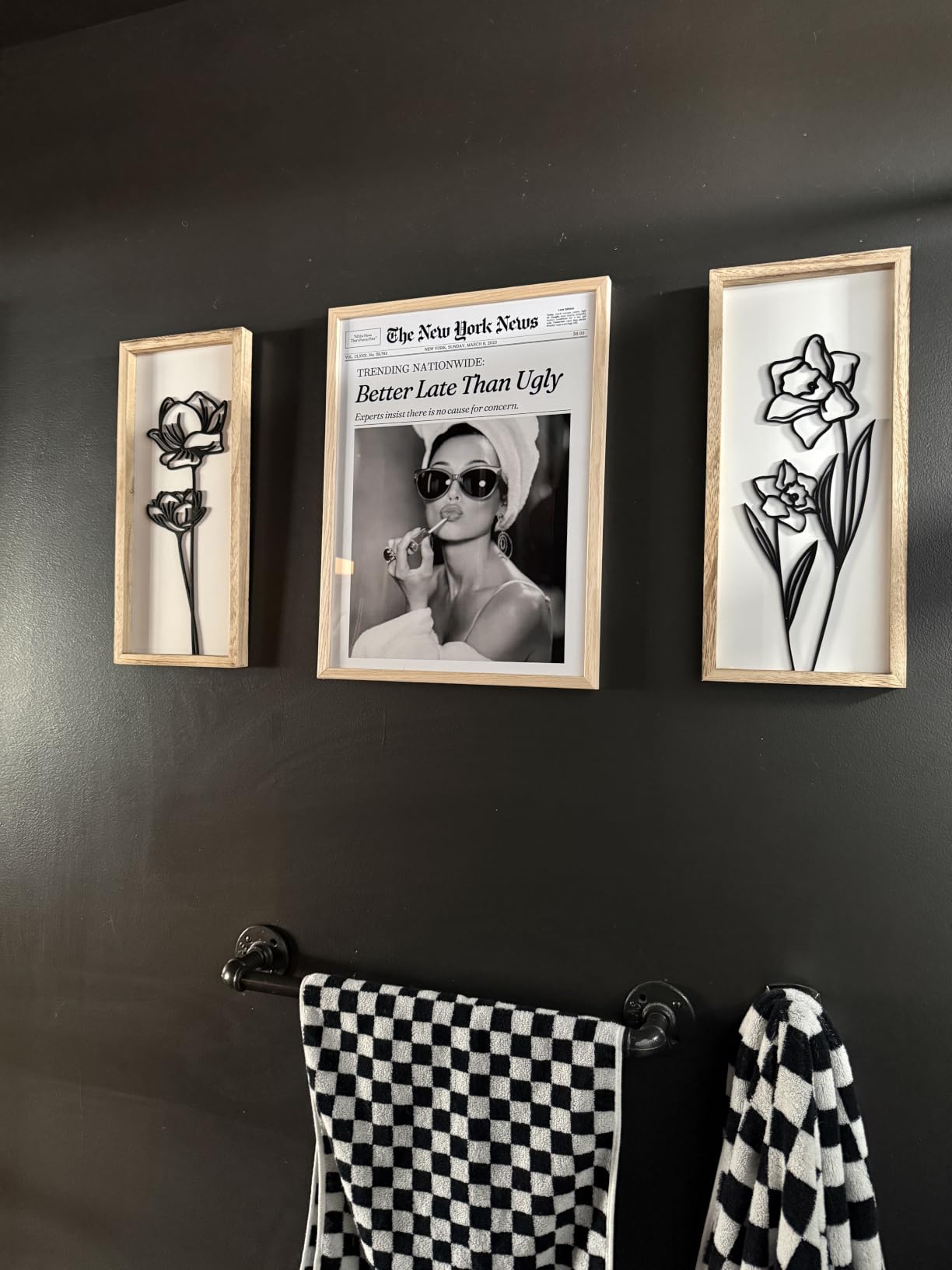 iHery 12x16in Audrey Hepburn Better Late Than Ugly Framed Bathroom Art | Natural OAK Wood Frame with Canvas Print, Vintage Fashion Wall Decor for Bathroom, Bedroom, Apartment and Girl Dorm, 1Pack customer photo 2