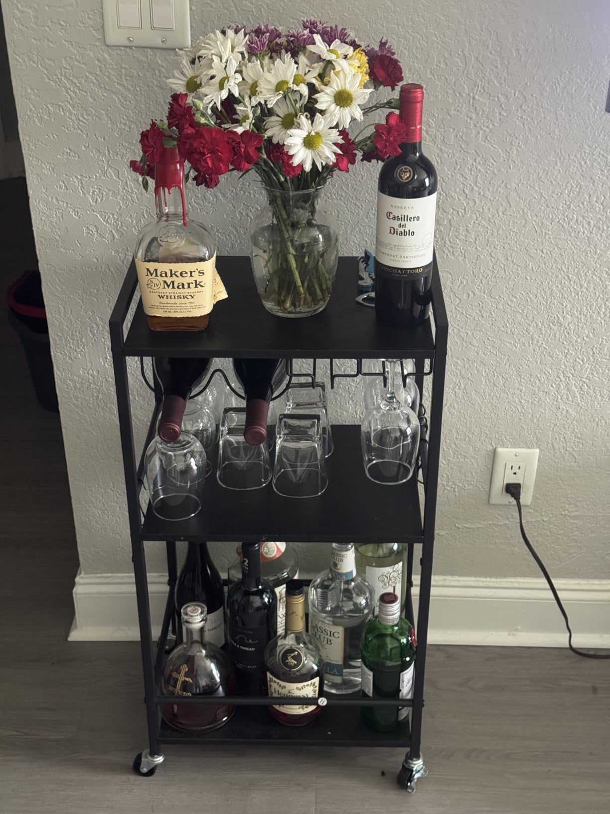 TUTOTAK Bar Cart with Wheels, Mini Drink Cart with Wine Rack & Glass Holder | 3-Tier 17 Inch Wide Home Bar Serving Carts, Small Mobile Kitchen Shelf with 6 Hooks, Greige BC01BG035 customer photo 1