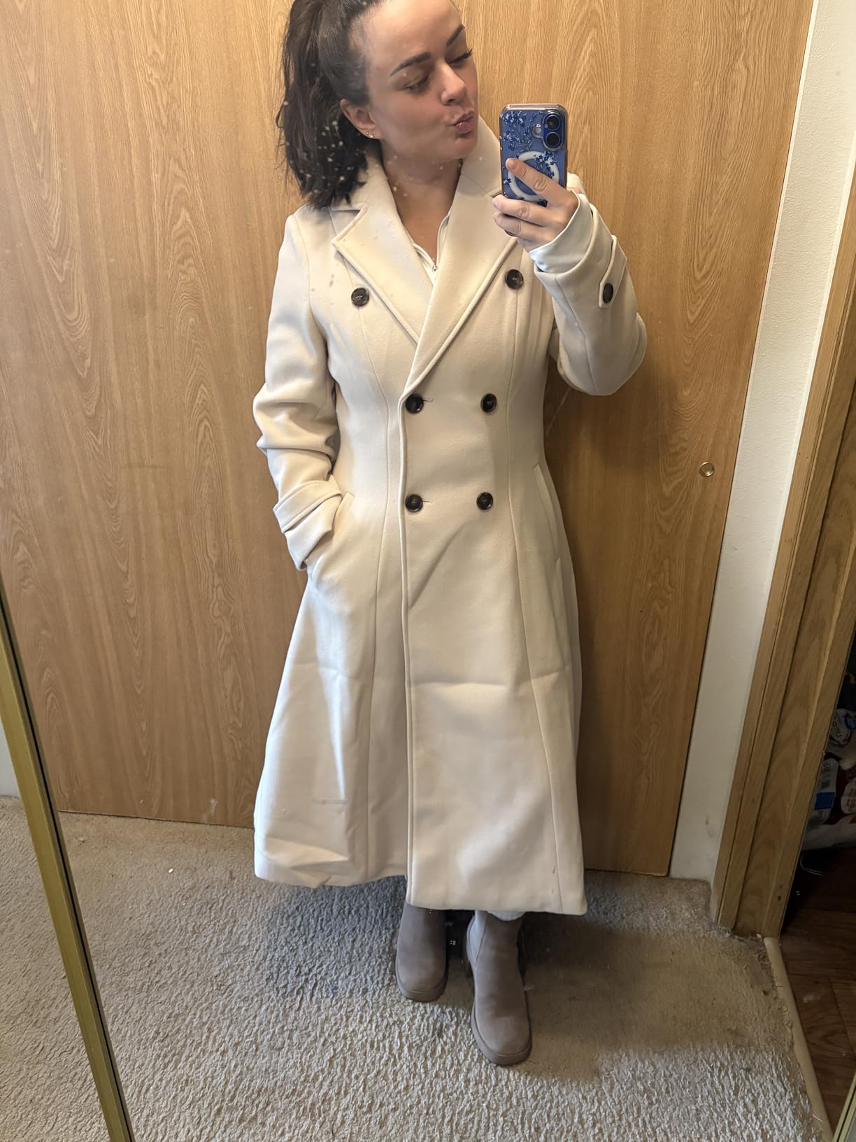 IDEALSANXUN Womens Long Wool Coat Fall Winter Double Breasted Trench Coat Peacoat Jackets customer photo 2