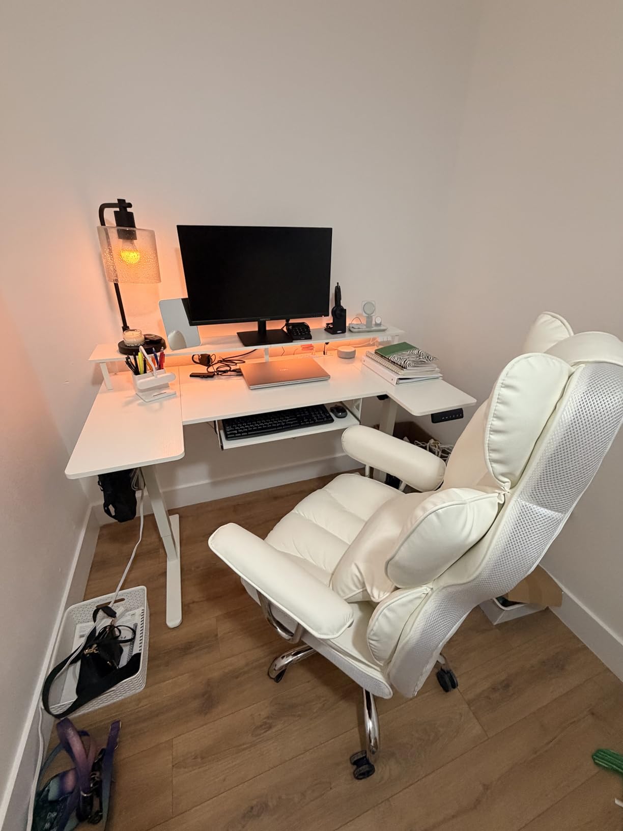 OffiGo 55 Inch U Shaped Electric Standing Desk with Keyboard Tray, White | Power Outlet, Dual-Monitor Stand, LED Light, 3 Presets, 28.3