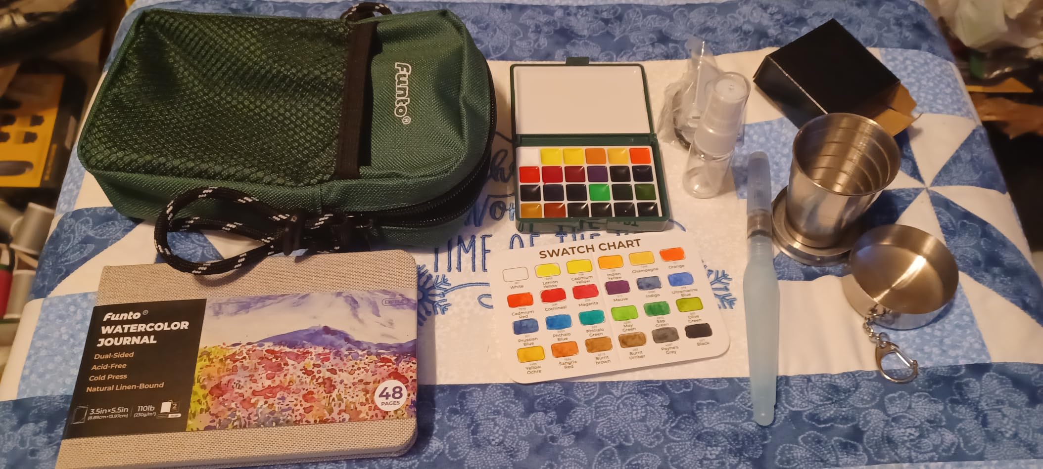Funto Mini Watercolor Travel Set, 15 Colors with Walnut Palette for Artists | Mini watercolor travel set with a crossbody bag, journal and painting tools for outdoor sketching and creative trips. customer photo 1