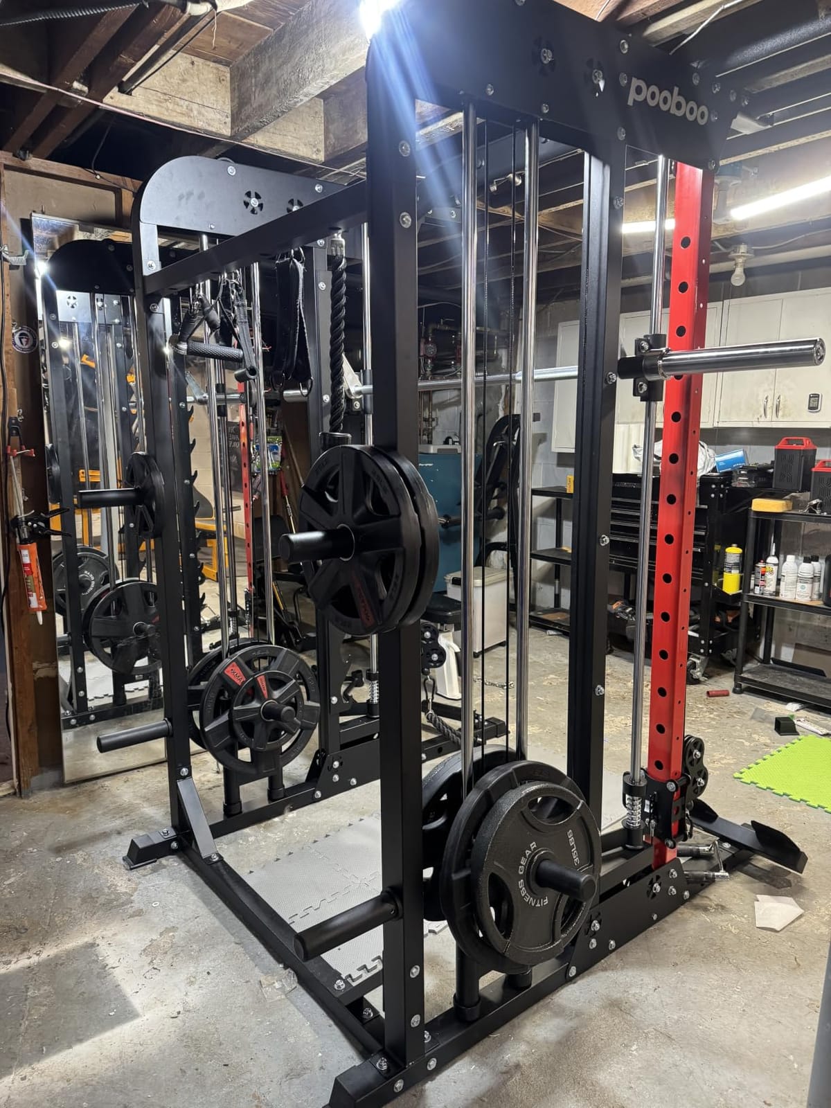 pooboo Power Cage Smith Machine with 2000LB Squat Rack Cable System | LAT Pulldown and Dual Pulley Cable Crossover with All-in-One Home Gym Machine, Adjustable Stations and Training Attachments customer photo 1