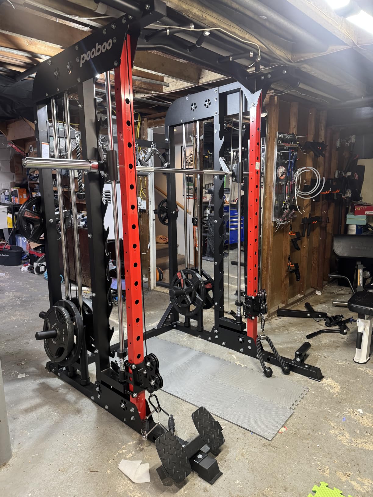 pooboo Power Cage Smith Machine with 2000LB Squat Rack Cable System | LAT Pulldown and Dual Pulley Cable Crossover with All-in-One Home Gym Machine, Adjustable Stations and Training Attachments customer photo 2